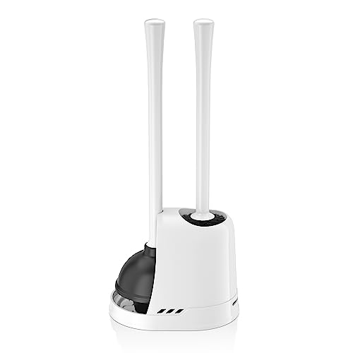 LOVLOY Toilet Plunger and Brush, Bowl Brush and Heavy Duty Toilet Plunger Set with Ventilated Holder, 2-in-1 Toilet Brush and Plunger Combo for 5.3-inch Toilet Drain Bathroom Cleaning (White) - color: White