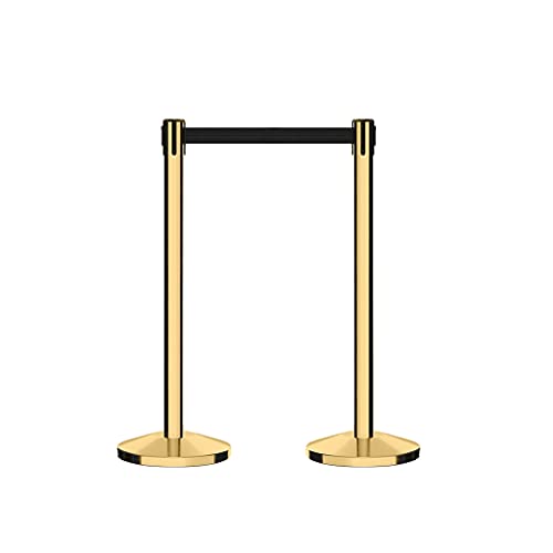 CCW Series RBB-100 - Set of 2 Stanchion Retractable Belt Barriers (7.5 Foot Belt, Green and White Diagonal Belt with Polished Brass Post) - color: Green and white diagonal, size: 7.5 Foot