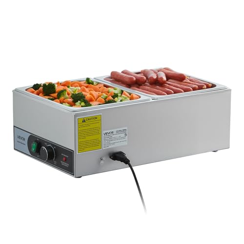 VEVOR Commercial Food Warmer, 1200W Electric Stainless Steel Steam Food Warmer, Fast Heating Countertop Buffet Bain Marie with Two 1/2 Size Food Pans, for Catering, Restaurants, Parties & Buffets - size: 2*1/2Pan