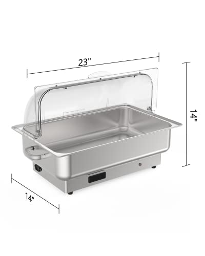9QT Electric Chafing Dish Set for Catering with Temperature Control,Roll Top Stainless Steel Buffet Servers and Warmers with Transparent(1 Full-Size Pan and 2 Half-Size Pan)