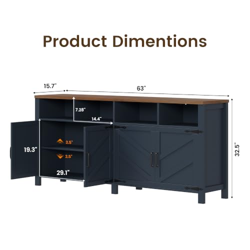 knoworld Buffet Sideboard with Storage Farmhouse, Large Kitchen Storage Cabinet Wood Coffee Bar Cabinet Buffet for Kitchen, Living Room, 63in, Blue - color: Blue, size: 63"W