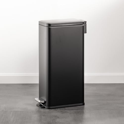 mDesign Slim Metal Rectangle 7.9 Gallon Trash Can with Step Pedal, Easy-Close Lid, Removable Liner - Narrow Wastebasket Garbage Container Bin for Bathroom, Bedroom, Kitchen, Office - Black - color: Black, size: 7.9 Gallon