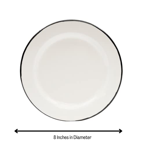 TableCraft 80018 Enamel Collection Round Dinner Plate, White with Black Rim, Porcelain Over Steel, Vintage Farmhouse Style, Dishwasher Safe, Indoor/Outdoor Use, Oven and Induction Ready, 8" Dia