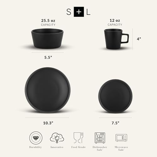 Stone Lain Celina Stoneware 16 Piece Dinnerware Set, Plates and Bowls, Black Matte Dish, Service for 4 – Minimalist Round Style, Microwave & Dishwasher Safe - color: Matte Black, size: Service For 4, style: Dinnerware Set