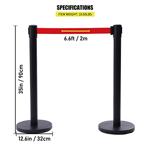 Crowd Control Stanchion, Set of 6 Pieces Stanchion, with 6.6 ft/2 m Red Retractable Belt, Black Steel Crowd Control Barrier w/Rubber Base - Easy Connect Assembly