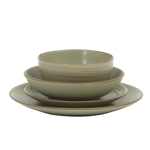 Gibson Home Chiswick House 16-Piece Stoneware Dinnerware Set, Round Plates and Bowls Set for 4, Green with Wax Relief Embossed Rim Detail, Dishwasher Safe – Dinner Plate, Salad Plate & Cereal Bowl - color: Green w/ Wax Relief Embossed Rim (Chiswick House)