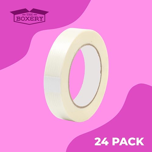 The Boxery 2" x 60 Yards Filament Tape – 24 Rolls – Heavy-Duty Fiberglass Reinforced Strapping Tape – 4.5 Mil Synthetic Rubber Adhesive, High-Tensile Strength, Box Sealing, Bundling & Palletizing