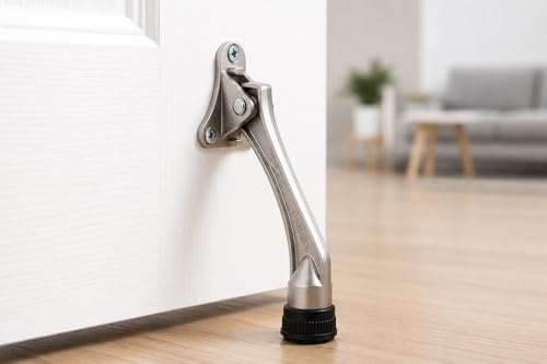 HOME&I 4" Kick Down Door Stopper, Zinc Alloy Door Stop with Leaf Spring & Non-Slip Saw-Tooth Rubber Foot, Screw Mount Door Holder for Wood, Tile, Carpet & Concrete Floors - color: Satin Nickel, size: 4 Inch x 4 Pack