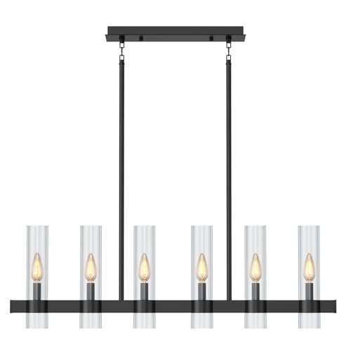 6-Light Linear Chandelier for Dining Room Clear Glass Shades Black