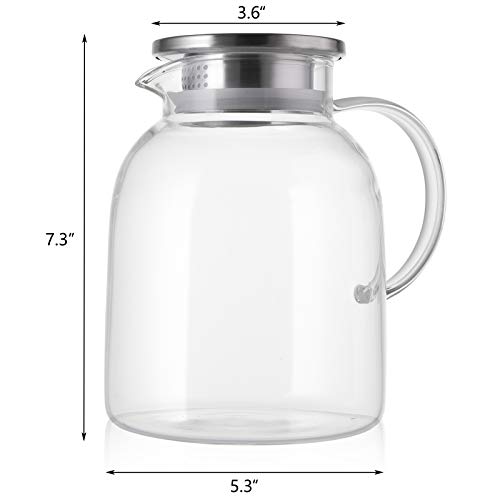 Hedume 2 Liter Glass Pitcher With Lid and Handle - Heat Resistant Beverage Carafe for Iced Tea, Wine, Coffee, Milk and Juice (68 Ounces)