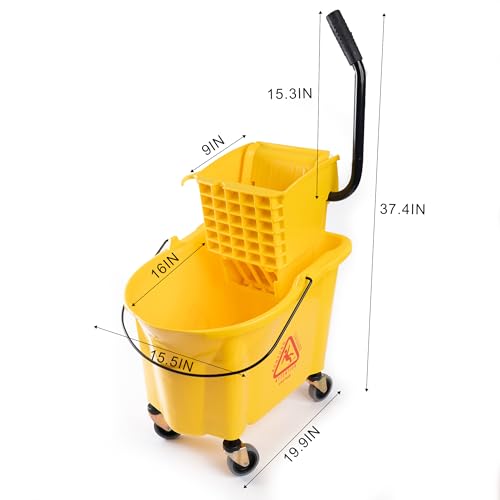 Matthew Cleaning 38 Quart Commercial Mop Bucket INCL.Wet String Mop with Side Press Wringer On Wheels,Heavy Duty Tandem Portable Floor Cleaning Wavebrake,Ideal for Household,Industrial,Restaurant - color: Yellow, size: 38 Quart (Side Press Wringer)