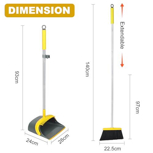Broom and Dustpan Set with 54 Inch Long Handle - Perfect Dust Pan and Brush Combo for Home Efficient Cleaning (Yellow and Grey) - color: Yellow and Grey