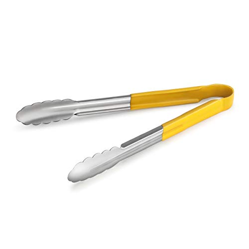 New Star Foodservice 35780 12-Inch Utility Spring Tongs, Stainless Steel, Vinyl Coated, Set of 12, Yellow