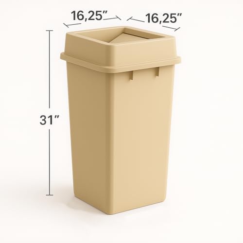 25 Gallon Beige Square Plastic Trash Can with Lid Heavy Duty | Indoor Outdoor Commercial Waste Container with Optional Lid for Restaurants, Parks, Schools, Public Spaces - color: Beige, size: 25 gallon with lid