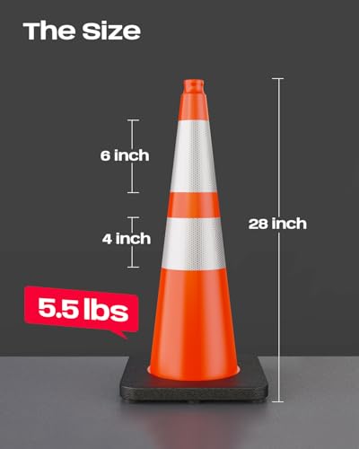 BATTIFE 28 Inch Traffic Safety Cones Orange with Weighted Base 6 Pcs 5.5LB