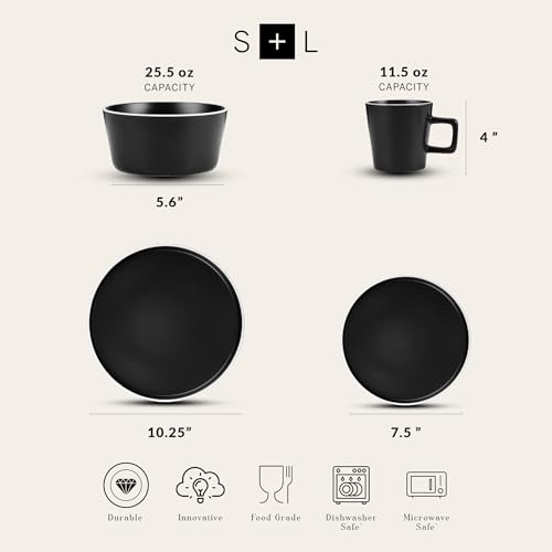 Stone Lain Allison Stoneware Dish Set, 32-Piece Round Dishes for 8, Black and White - color: Black Matte, White Rim, size: Service For 8, style: Dinnerware Set
