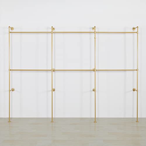 Wall Mounted Industrial Pipe Clothing Garment Racks, Metal Clothing Store Display Stands Clothes Rack Multi-purpose Heavy Duty Hanging Rod for Closet Storage, 134in Gold - color: III-Gold