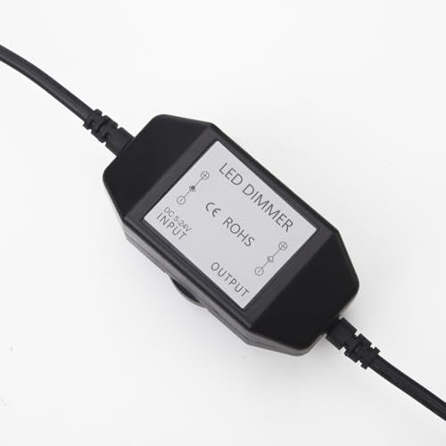 DC 12V–24V LED Strip Dimmer Switch Inline PWM Rotary Knob Controller with DC Male/Female Adapter Brightness Adjustable for Single Color LED String Lights (Black)