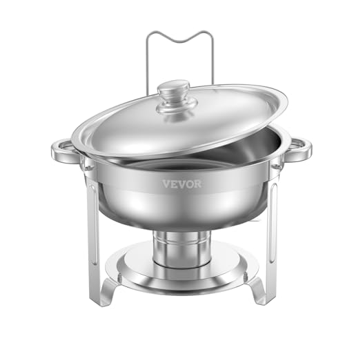 VEVOR Chafing Dish Buffet Set, 5 Qt 2 Pack, Stainless Steel Chafer with 2 Full Size Pans, Round Catering Warmer Server with Lid Water Pan Folding Stand Clip, for Weddings Parties Banquets, Silver - size: 2packs Silver