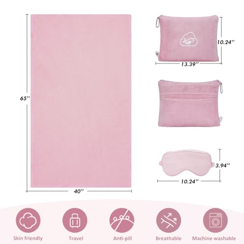 Travel Blanket Pillow,Airplane Blanket Compact with Bag Eye Mask, Ultra-Soft,Warm & Lightweight Included,Travel Essentials for Women & Men, Luggage Sleeve & Backpack Clip 65x40 in, Pink - color: Pink