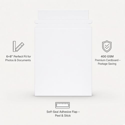 Progo 25 Pack 6x8 400 GSM Rigid Mailers, Stay Flat Cardboard Mailing Envelopes for Photos, Documents, Prints & Cards, White Self Seal Photo Mailers