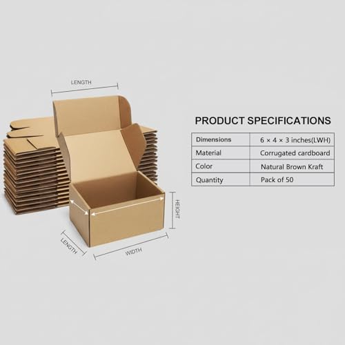 50 Pack Small Shipping Boxes 6x4x3'' Corrugated Small Cardboard Boxes for Shipping, Recyclable Packaging Boxes for Business, Mailer, Gift Packing, Crafts Packing, Jewelry Box, Brown