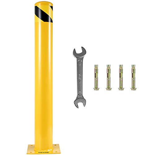 Happybuy Safety Bollard, 48" Steel Bollard Post, 5.5" Diameter, Yellow Powder-Coated Steel, Includes 8 Anchor Bolts, Ideal for Traffic-Sensitive Areas