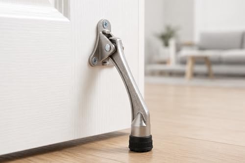 HOME&I 4" Kick Down Door Stopper, Zinc Alloy Door Stop with Leaf Spring & Non-Slip Saw-Tooth Rubber Foot, Screw Mount Door Holder for Wood, Tile, Carpet & Concrete Floors - color: Satin Nickel, size: 4 Inch x 2 Pack