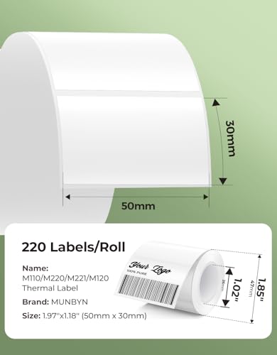 MUNBYN 1.97x1.18(50mm x 30mm) Thermal Labels,220 Sheets/Roll, White - color: White, size: 1.97" x 1.18"