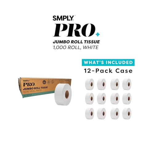 SMPLY PRO Jumbo Roll Tissue – 1,000' Rolls, 12-Roll Case (12,000' Total) – 2-Ply Bulk Toilet Paper for Commercial Restrooms – Fits Universal Dispensers – High-Capacity & Cost-Effective