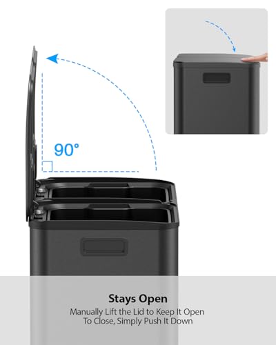 Lovewind Dual Trash and Recycling Bins for Kitchen, 2 * 11-Gallon Stainless Steel Double Trash Can, Step-On Garbage and Recycle Combo, Quiet Close, Pet-Proof, Compatible with 13-Gallon Bags, Black - color: Black, size: 2 x 11 Gallon