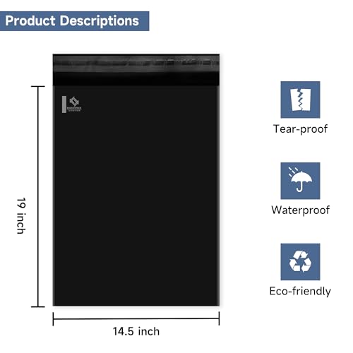 KKBESTPACK Black Poly Mailers 14.5x19 in, Shipping Bags, 100 Pcs - color: Black, size: 14.5" x 19" 100pcs