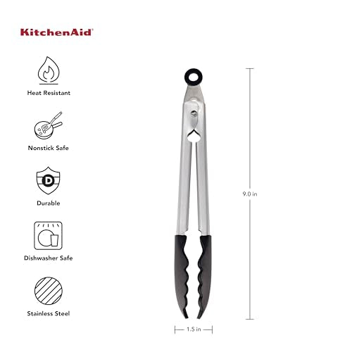 KitchenAid Silicone Tipped Stainless Steel Tongs, Black, 9 Inch - color: Black, size: 9 Inches