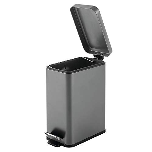 mDesign Pedal Bin — Waste Bin with Pedal, Lid and Plastic Bucket Insert for Bathroom, Kitchen, and Office — Metal Household Rubbish Bin with Ergonomic Design — Dark Grey - color: Graphite Gray, size: 2.6 Gallon