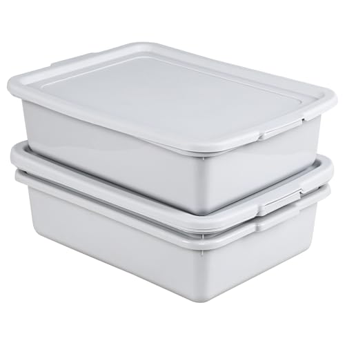 3 Pack 13 Liter Commercial Bus Tub Box Tote with Lids, Light Gray