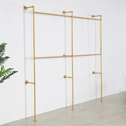 Industrial Pipe Clothes Rack Metal Clothing Store Display Stands Wall Mounted Garment Rack, Heavy Duty Hanging Rod for Closet Storage, 89.8in Gold - color: II-Gold