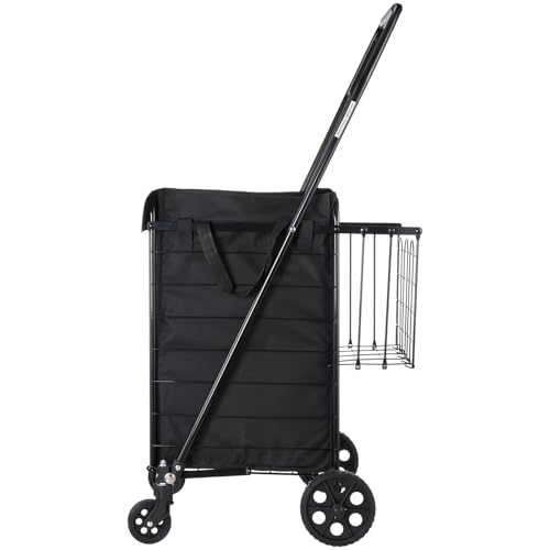 VEVOR Shopping Cart, Folding Grocery Utility Cart with Dual Baskets, Waterproof Liner & Wheels, 100 LBS Large Load Capacity, Heavy Duty Laundry Basket for Laundry, Shopping, Camping, Grocery, Luggage - size: Medium