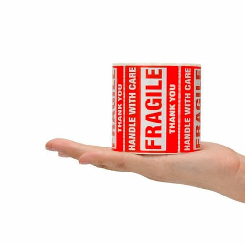 3 x 2 Inch Handle with Care 1000 Fragile Stickers for Shipping Moving Glass Permanent Adhesive Fragile Labels (1 Roll, 500 Labels),Pack of 2 Rolls