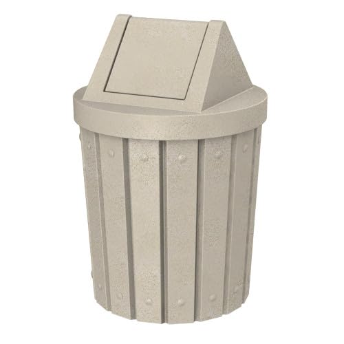 Commercial Trash Can Swing Top Lid - Outdoor Garbage Can - color: Beige Granite, size: 42 Gallon Slatted Round