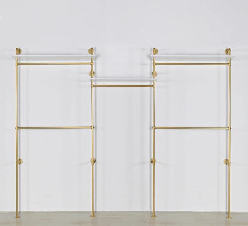 Industrial Pipe Clothing Rack Wall Mounted 5 Hanging Rods Garment Bar with Storage Shelf, Heavy Duty Metal Clothes Racks Closet System for Hanging Clothes Retail Display (Gold) - style: 5-Hanging with shelf Gold