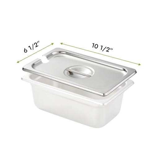 HECMAC 6-Pack 1/4 Size Slotted Hotel Pan Cover, Stainless Steel Solid Steam Table Catering Food Pan Lid with Handle, 23 Gauge - size: 1/4 Size, Notched Lid