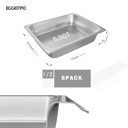 EGGKITPO 6-Pack 1/2 Size Stainless Steel Catering Pan, 2.5 Inch Deep Hotel Pan for Restaurant, Buffet, Party Supplies - size: 1/2 2.5" deep without lid
