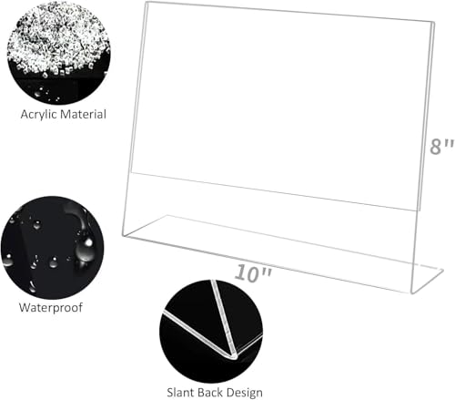 6 Pack Acrylic Sign Holder 8x10 for Picture Frames,Slanted Back Acrylic Sign Holders for Business & Store,Plastic Sign Holder,Menu Holder, Table Sign Holder for Office, Home, Store, Restaurant- Horizontal