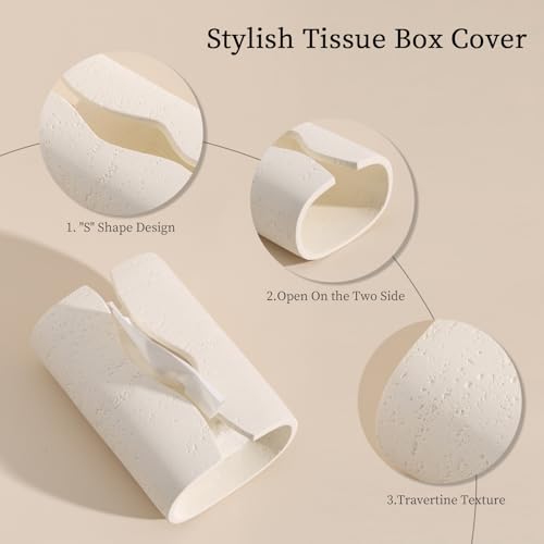 Tissue Box Cover Rectangle, Travertine Look, Curved Open, Cream - color: Off White