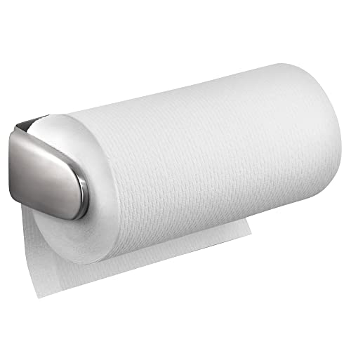 mDesign Metal Wall Mounted Paper Towel Holder Dispenser for Walls or Under Cabinet in Kitchen, Pantry, Cupboard, Sink Storage, Holds Jumbo Rolls - Omni Collection - Brushed Stainless Steel - color: Brushed