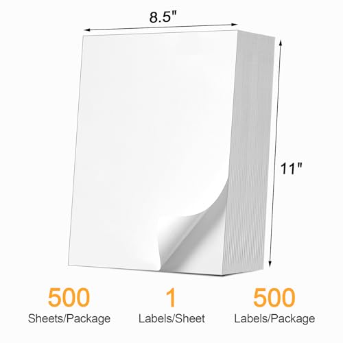 (500 Pcs/500 Sheets) A4 Full Sheet Self Adhesive Shipping Labels for Laser & Inkjet Printers, 8.5" x 11" Shipping Mailing Labels - color: Full Sheet - 500 Labels