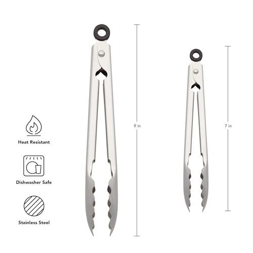 KitchenAid Set of 2 Stainless Steel Tongs with Scalloped Edges Easy Lock Dishwasher Safe Durable and Versatile 7 Inch and 9 Inch Silver - color: Stainless Steel, size: 7 and 9 Inches