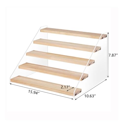 5 Tier Acrylic Wooden Display Stand, Clear Acrylic Display Riser Shelf Wood Tiered Display Shelf Rack Step Ladder Riser Stands for Cupcakes Perfumes Figures Collectibles