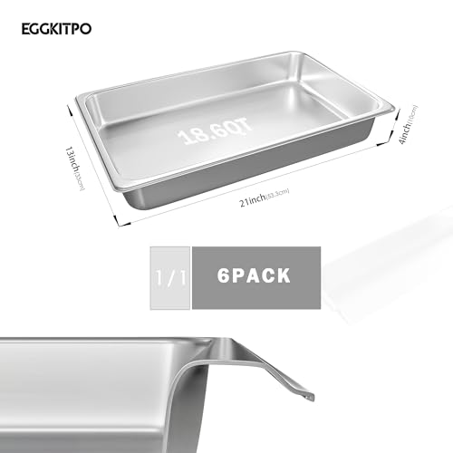 EGGKITPO Hotel Pans Full Size 6-Pack 4 Inch Stainless Steel Trays for Food Commercial Hotel Pan Food Containers Chafing Pans for Restaurant Buffet Party Supplies - size: 1/1 4" deep without lid