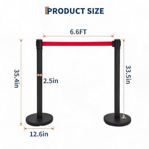 Crowd Control Barriers 2 Pack, 2 Stanchions with 2 Retractable Belts - color: Black + Red, size: 2 Stanchions + 2 Belt